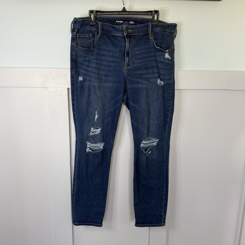 Old Navy Power Slim Straight Jeans 16 Blue Stretch High Rise Whiskering Distress